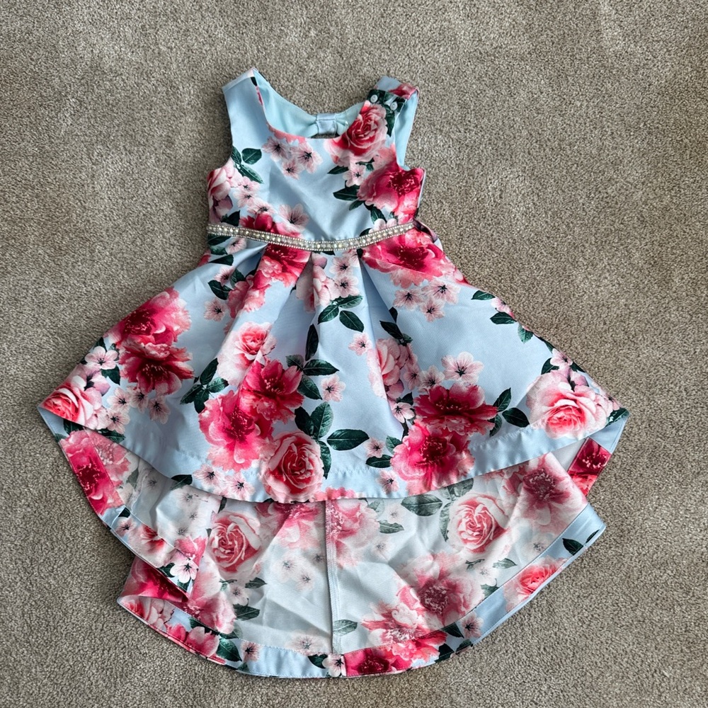 Speechless Blue Floral High-Low Dress with Pink Roses